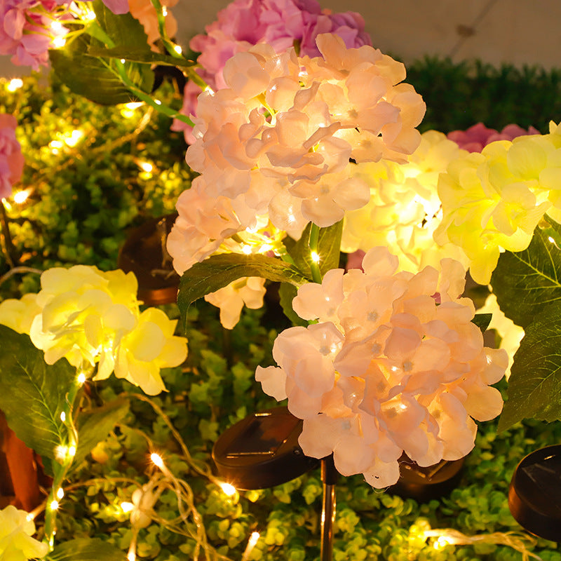 Contemporain Scandinave Solaire Imperméable Romantique Faux Hortensia Acier Inoxydable Tissu LED Clou de Sol Lumière Extérieure Pour Jardin 