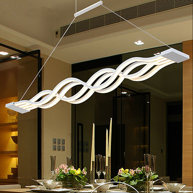 Suspension LED contemporaine Creative Wave à longue tige en fer, aluminium et acrylique pour salle à manger 