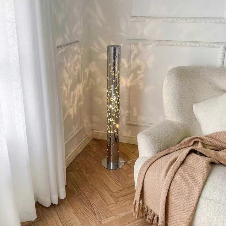 Zeitgenössische skandinavische Zylinder-Scheibenbasis-Schmetterling-Textur-Edelstahl-LED-Stehlampe für das Wohnzimmer 