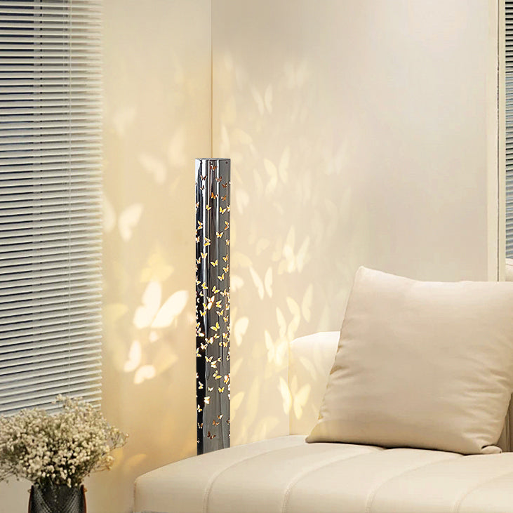 مصباح أرضي LED من الفولاذ المقاوم للصدأ بقاعدة أسطوانة اسطوانية مع نسيج فراشة حديث لغرفة المعيشة 