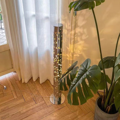 مصباح أرضي LED من الفولاذ المقاوم للصدأ بقاعدة أسطوانة اسطوانية مع نسيج فراشة حديث لغرفة المعيشة 
