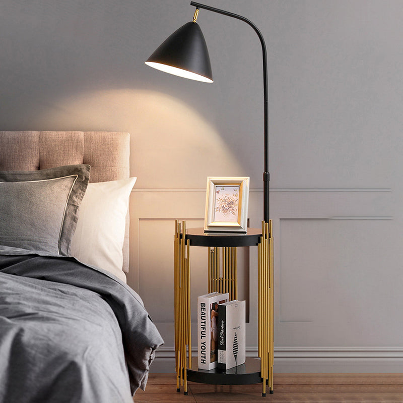 Contemporary Scandinavian Cylinder Long Disc Flared Hardware Tempered Glass 1-Light Standing Floor Lamp For Bedroom