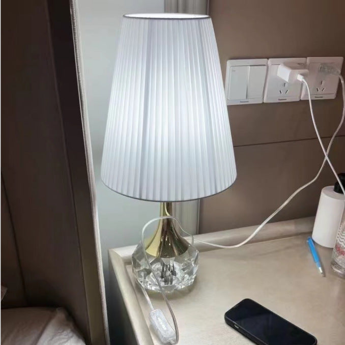 Lampe de table moderne de luxe avec bouteille ronde, matériel plissé, cristal, tissu, 1 lumière pour chambre à coucher 