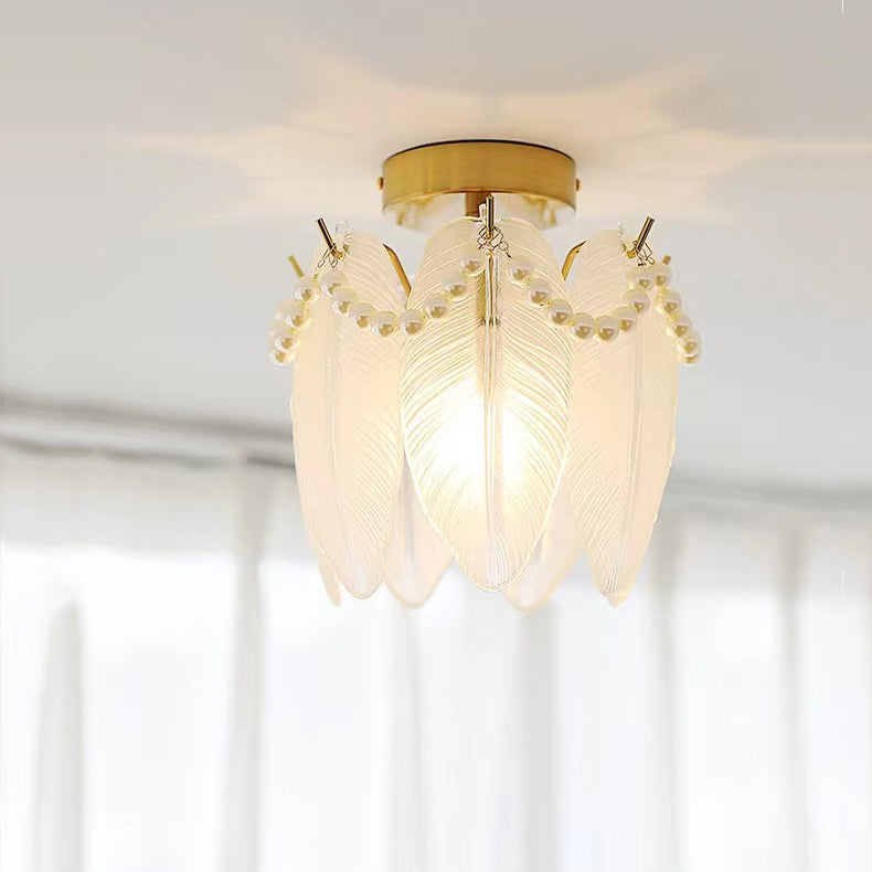 Lustre semi-encastré moderne de luxe ovale avec coquille à plumes ondulées et matériel en verre à 1 lumière pour salon 