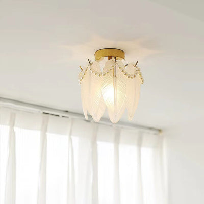 Lustre semi-encastré moderne de luxe ovale avec coquille à plumes ondulées et matériel en verre à 1 lumière pour salon 