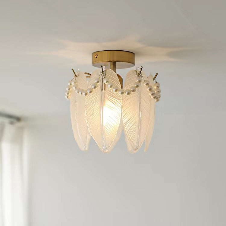 Lustre semi-encastré moderne de luxe ovale avec coquille à plumes ondulées et matériel en verre à 1 lumière pour salon 