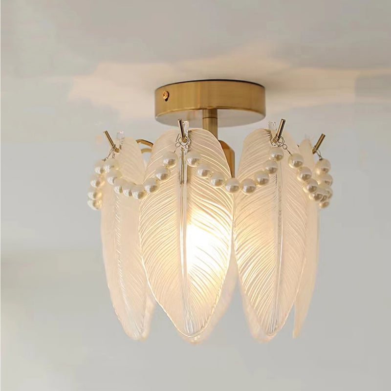 Lustre semi-encastré moderne de luxe ovale avec coquille à plumes ondulées et matériel en verre à 1 lumière pour salon 