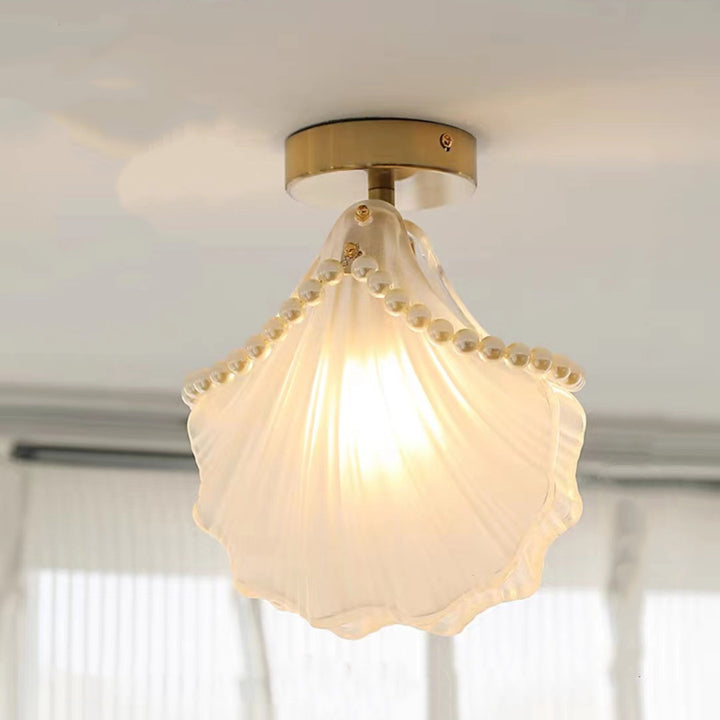 Lustre semi-encastré moderne de luxe ovale avec coquille à plumes ondulées et matériel en verre à 1 lumière pour salon 