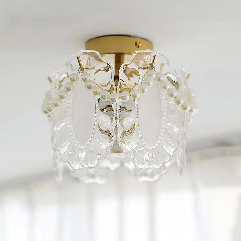Lustre semi-encastré moderne de luxe ovale avec coquille à plumes ondulées et matériel en verre à 1 lumière pour salon 