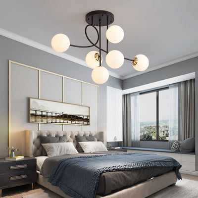Contemporary Scandinavian Orb Curved Line Long Rod Disc Base Iron Glass 6-Light Chandelier For Living Room