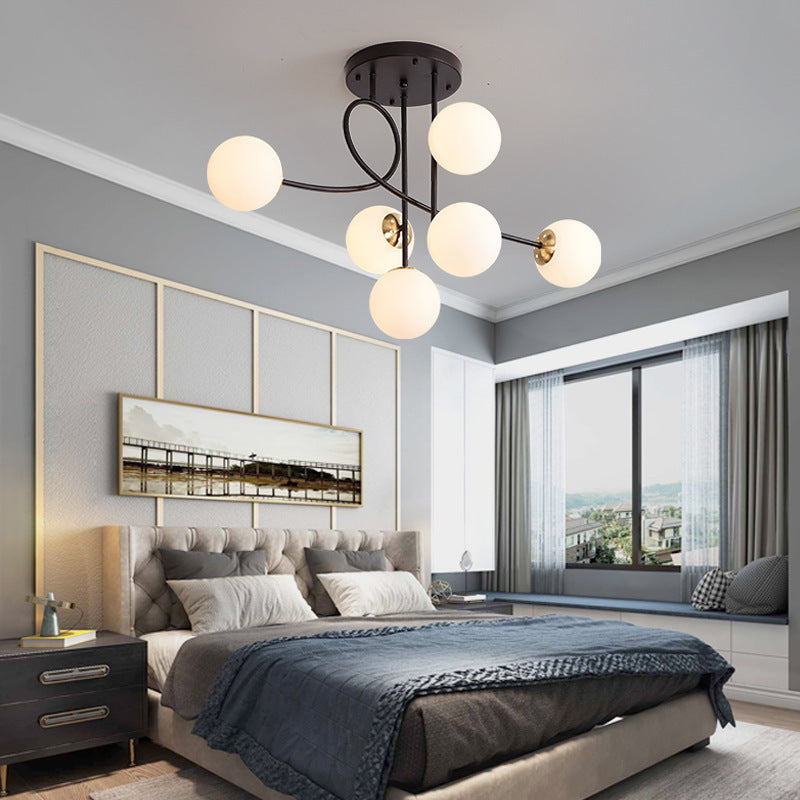 Contemporary Scandinavian Orb Curved Line Long Rod Disc Base Iron Glass 6-Light Chandelier For Living Room