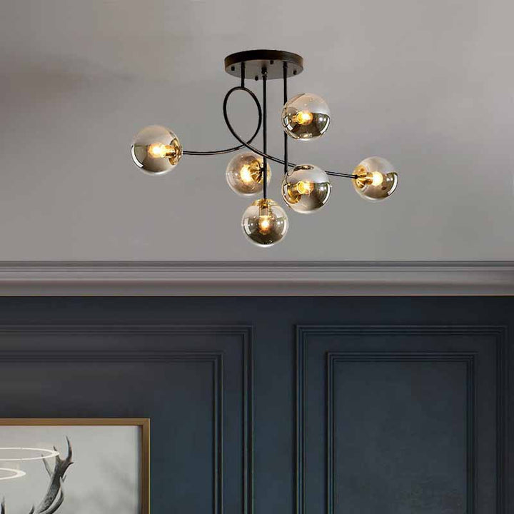 Lustre contemporain scandinave à 6 lumières avec ligne courbée, tige longue, base en disque, en fer et verre pour salon 