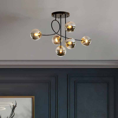 Contemporary Scandinavian Orb Curved Line Long Rod Disc Base Iron Glass 6-Light Chandelier For Living Room