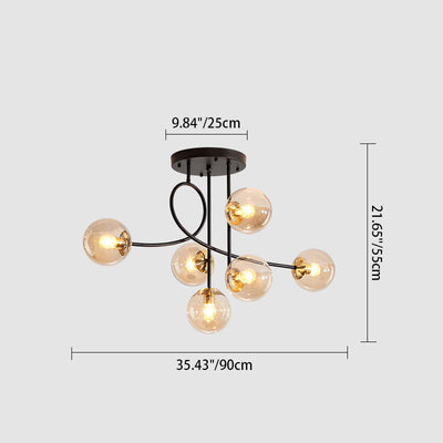 Contemporary Scandinavian Orb Curved Line Long Rod Disc Base Iron Glass 6-Light Chandelier For Living Room