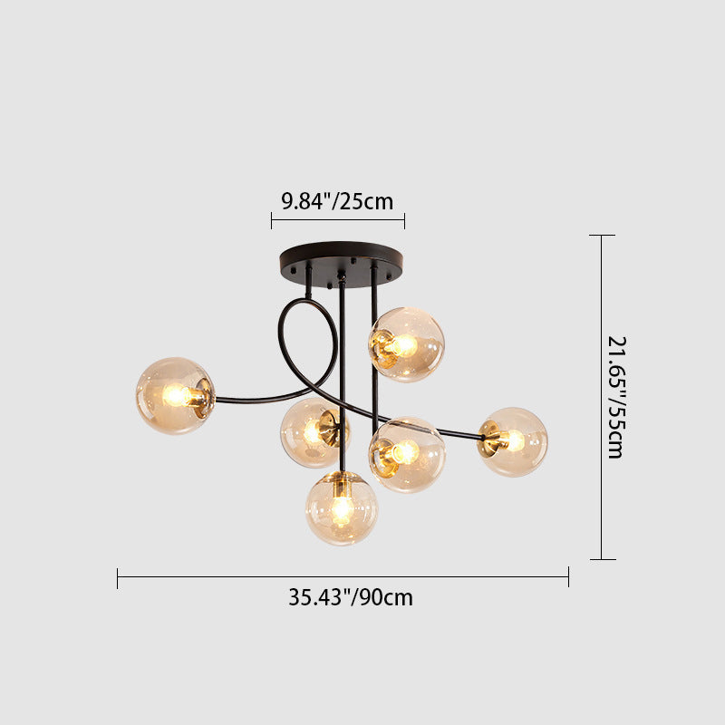 Contemporary Scandinavian Orb Curved Line Long Rod Disc Base Iron Glass 6-Light Chandelier For Living Room
