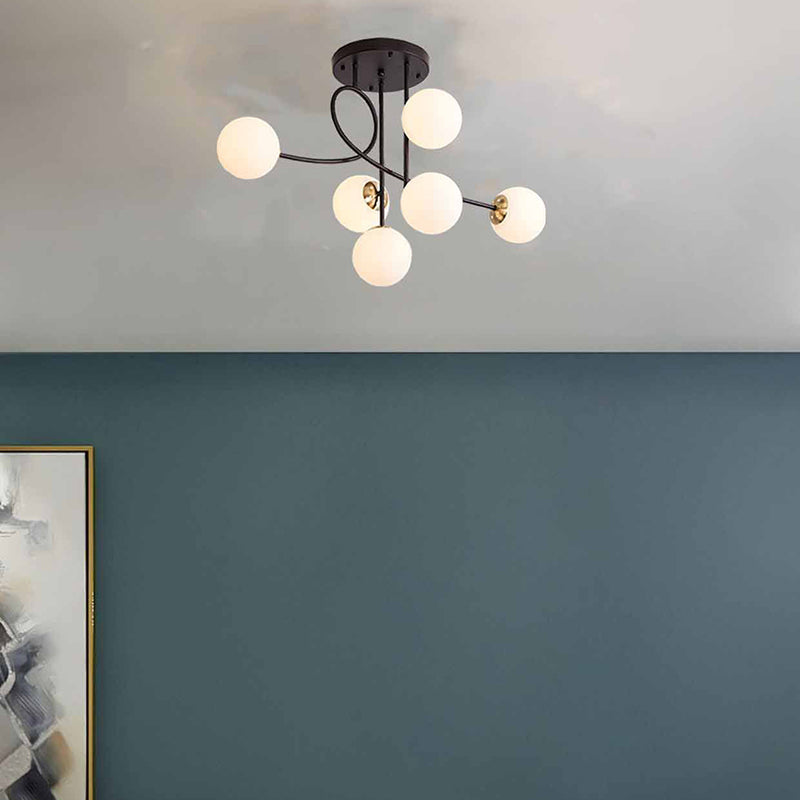Zeitgenössischer skandinavischer Kronleuchter mit gebogener Linie, langer Stange, Scheibenbasis aus Eisen und Glas, 6-Licht für das Wohnzimmer 