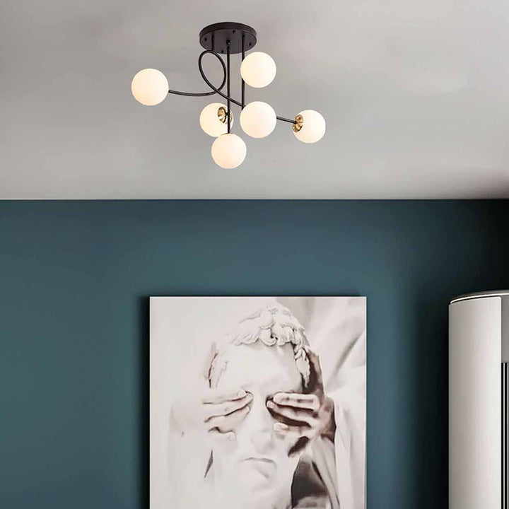 Zeitgenössischer skandinavischer Kronleuchter mit gebogener Linie, langer Stange, Scheibenbasis aus Eisen und Glas, 6-Licht für das Wohnzimmer 