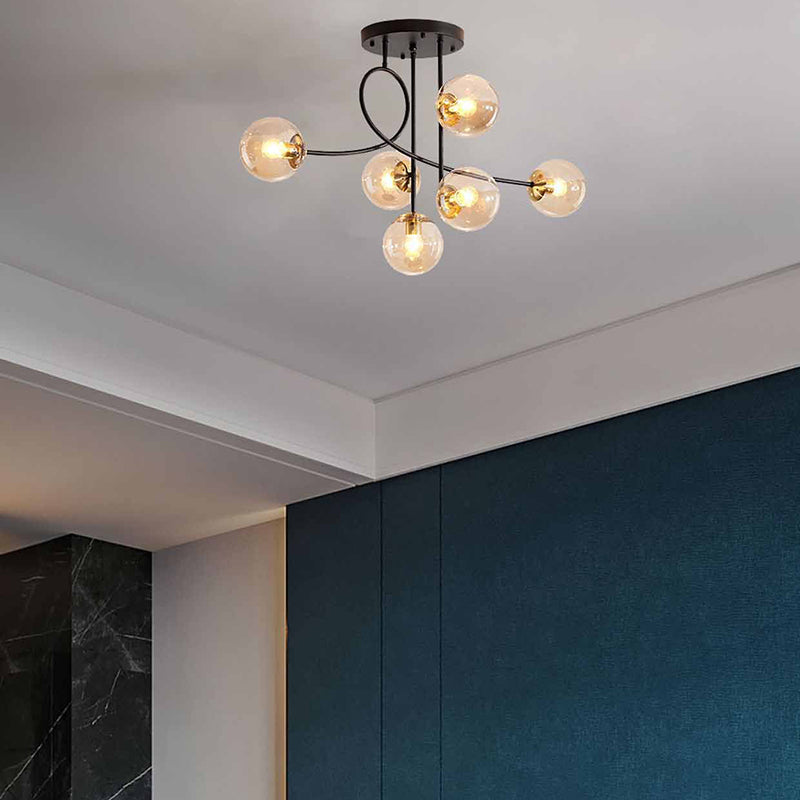 Zeitgenössischer skandinavischer Kronleuchter mit gebogener Linie, langer Stange, Scheibenbasis aus Eisen und Glas, 6-Licht für das Wohnzimmer 