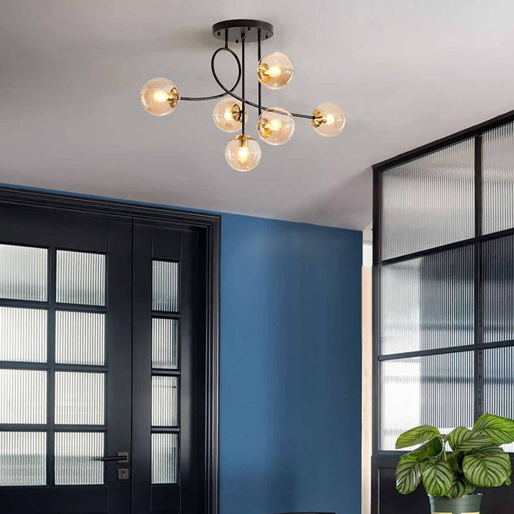Zeitgenössischer skandinavischer Kronleuchter mit gebogener Linie, langer Stange, Scheibenbasis aus Eisen und Glas, 6-Licht für das Wohnzimmer 