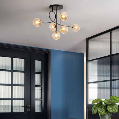 Contemporary Scandinavian Orb Curved Line Long Rod Disc Base Iron Glass 6-Light Chandelier For Living Room