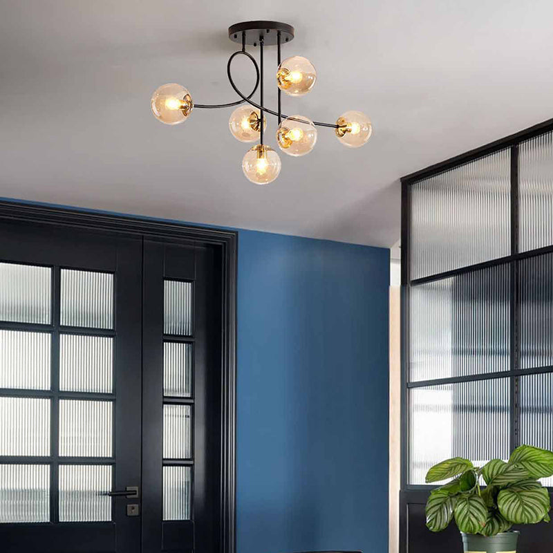 Contemporary Scandinavian Orb Curved Line Long Rod Disc Base Iron Glass 6-Light Chandelier For Living Room
