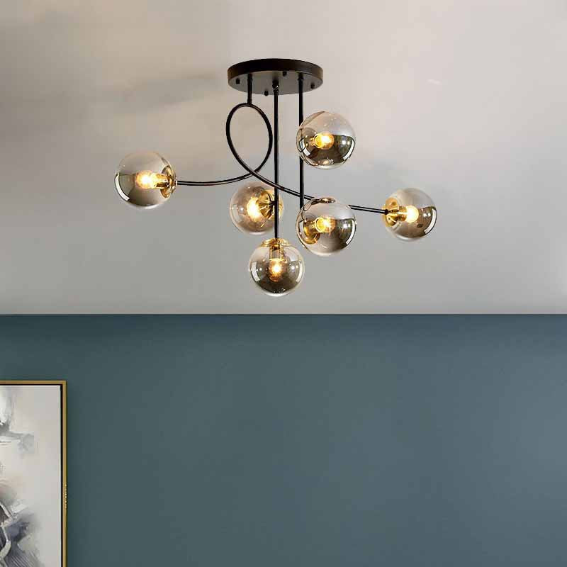Zeitgenössischer skandinavischer Kronleuchter mit gebogener Linie, langer Stange, Scheibenbasis aus Eisen und Glas, 6-Licht für das Wohnzimmer 