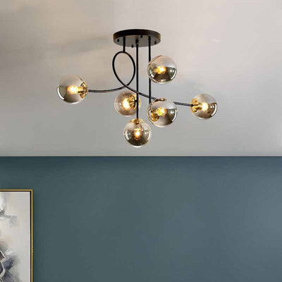 Contemporary Scandinavian Orb Curved Line Long Rod Disc Base Iron Glass 6-Light Chandelier For Living Room
