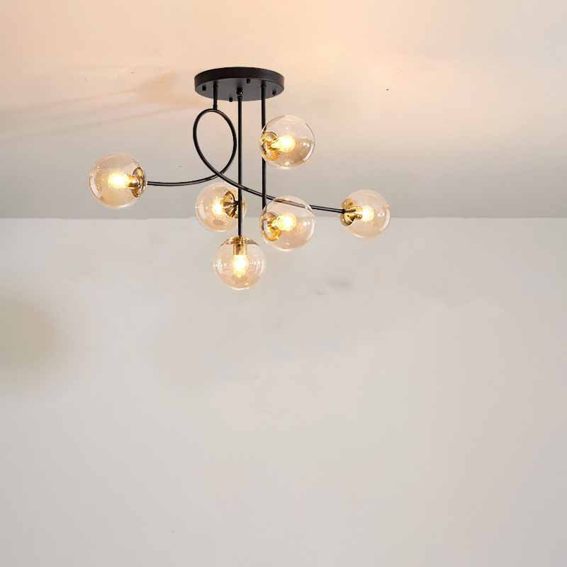 Zeitgenössischer skandinavischer Kronleuchter mit gebogener Linie, langer Stange, Scheibenbasis aus Eisen und Glas, 6-Licht für das Wohnzimmer 