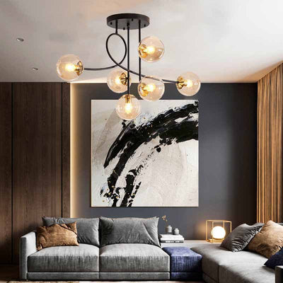 Contemporary Scandinavian Orb Curved Line Long Rod Disc Base Iron Glass 6-Light Chandelier For Living Room