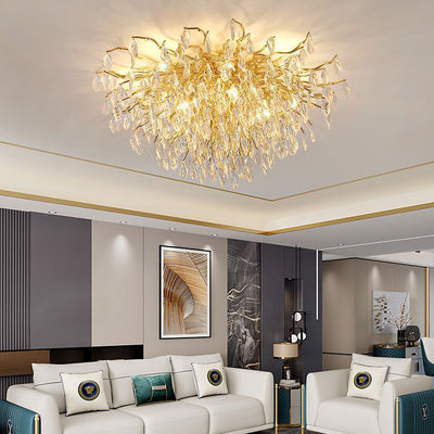 Lustre Plafonnier Moderne de Luxe Branche Courbée Goutte d'Aluminium Cristal 13/15 Lumières pour Salon 