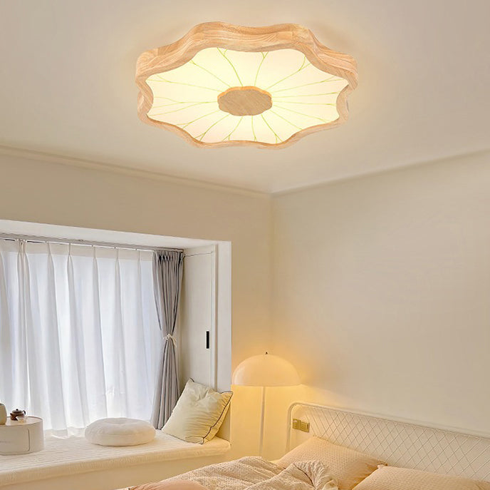 Plafonnier LED en bois massif à pétales de feuille de lotus chinois traditionnel en fer et acrylique pour chambre 