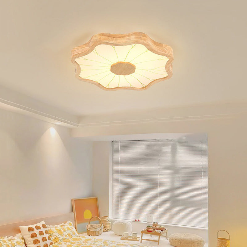 Plafonnier LED en bois massif à pétales de feuille de lotus chinois traditionnel en fer et acrylique pour chambre 