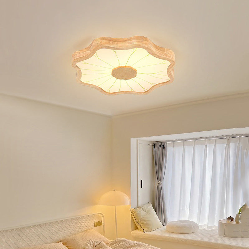 Plafonnier LED en bois massif à pétales de feuille de lotus chinois traditionnel en fer et acrylique pour chambre 