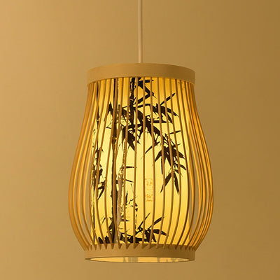 Traditionelle chinesische Zylinder-Ovalstreifen Bambusblatt Pflaumenblüte Bambus Imitat Pergament 1-Licht Pendelleuchte für Wohnzimmer 