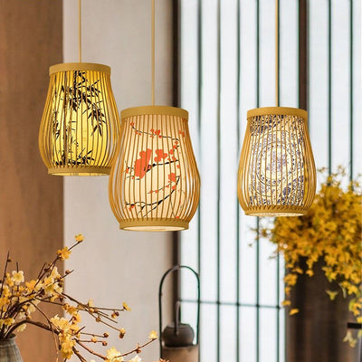 Traditionelle chinesische Zylinder-Ovalstreifen Bambusblatt Pflaumenblüte Bambus Imitat Pergament 1-Licht Pendelleuchte für Wohnzimmer 