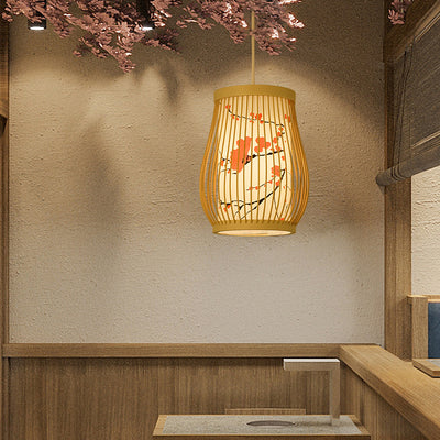 Traditionelle chinesische Zylinder-Ovalstreifen Bambusblatt Pflaumenblüte Bambus Imitat Pergament 1-Licht Pendelleuchte für Wohnzimmer 