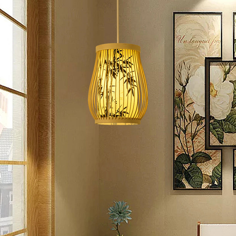 Traditionelle chinesische Zylinder-Ovalstreifen Bambusblatt Pflaumenblüte Bambus Imitat Pergament 1-Licht Pendelleuchte für Wohnzimmer 