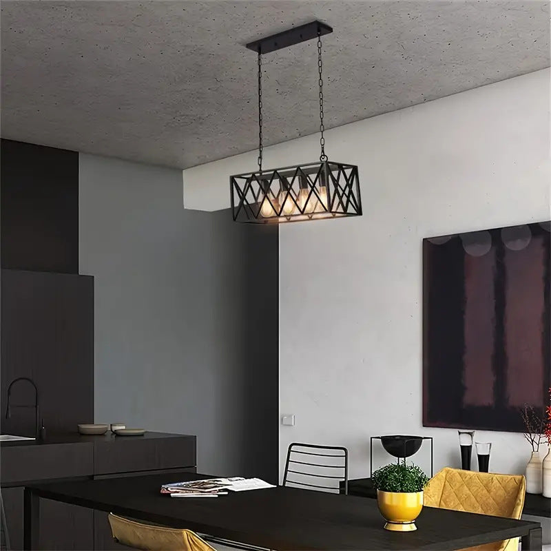 Suspension contemporaine en fer rectangulaire à mailles longues avec 4/6 lumières pour salle à manger 