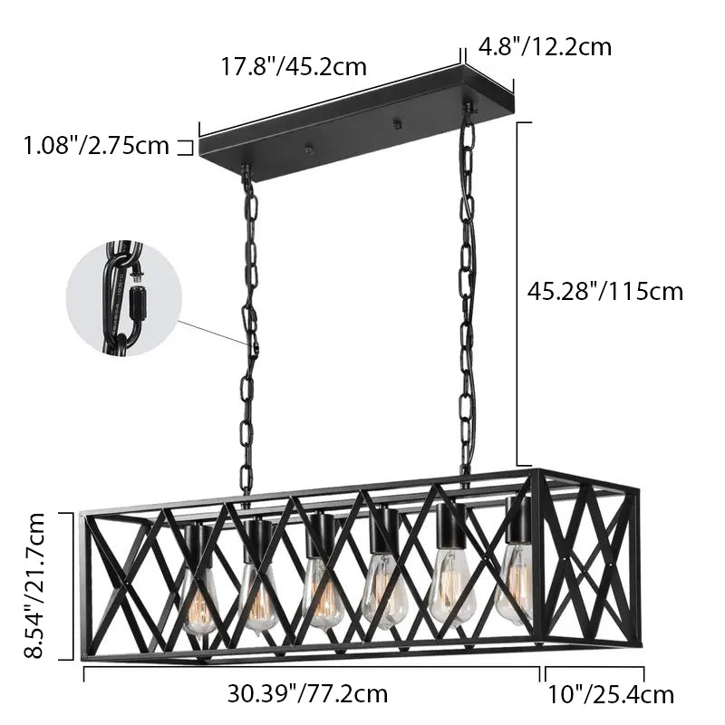 Suspension contemporaine en fer rectangulaire à mailles longues avec 4/6 lumières pour salle à manger 