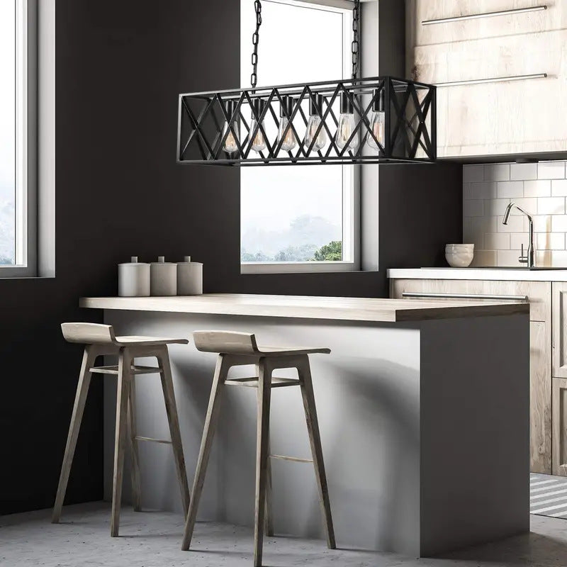 Suspension contemporaine en fer rectangulaire à mailles longues avec 4/6 lumières pour salle à manger 