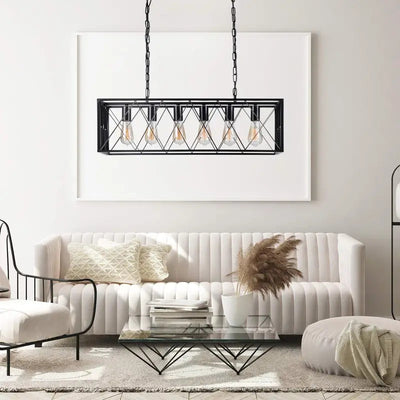 Suspension contemporaine en fer rectangulaire à mailles longues avec 4/6 lumières pour salle à manger 