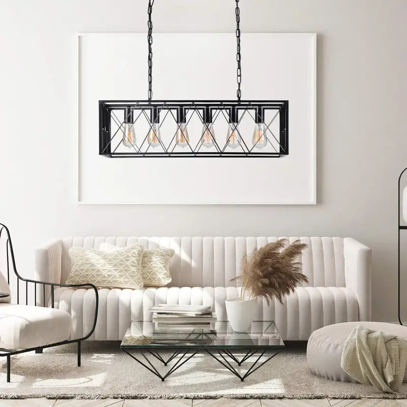 Suspension contemporaine en fer rectangulaire à mailles longues avec 4/6 lumières pour salle à manger 