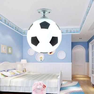 Plafonnier semi-encastré moderne minimaliste pour enfants avec base en disque de football rond en fer et verre à 1 lumière pour chambre à coucher 