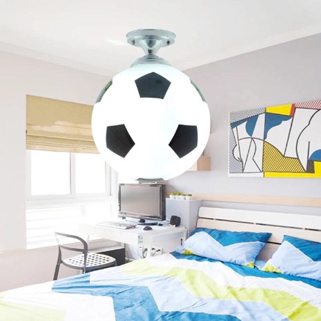 Luz de techo semi empotrada de 1 luz de vidrio de hierro base de disco de fútbol redondo minimalista moderno para dormitorio infantil 