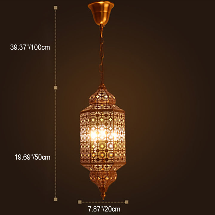 Traditionelle Vintage Rechteckige Hexagonale Pod Hohl Geschnitzte Kupfer Glas 3-Licht Pendelleuchte Für Wohnzimmer 