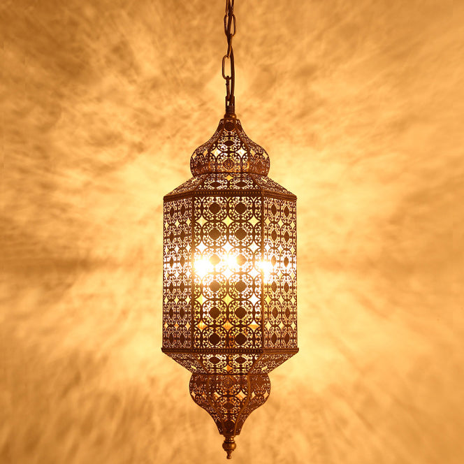 Traditionelle Vintage Rechteckige Hexagonale Pod Hohl Geschnitzte Kupfer Glas 3-Licht Pendelleuchte Für Wohnzimmer 