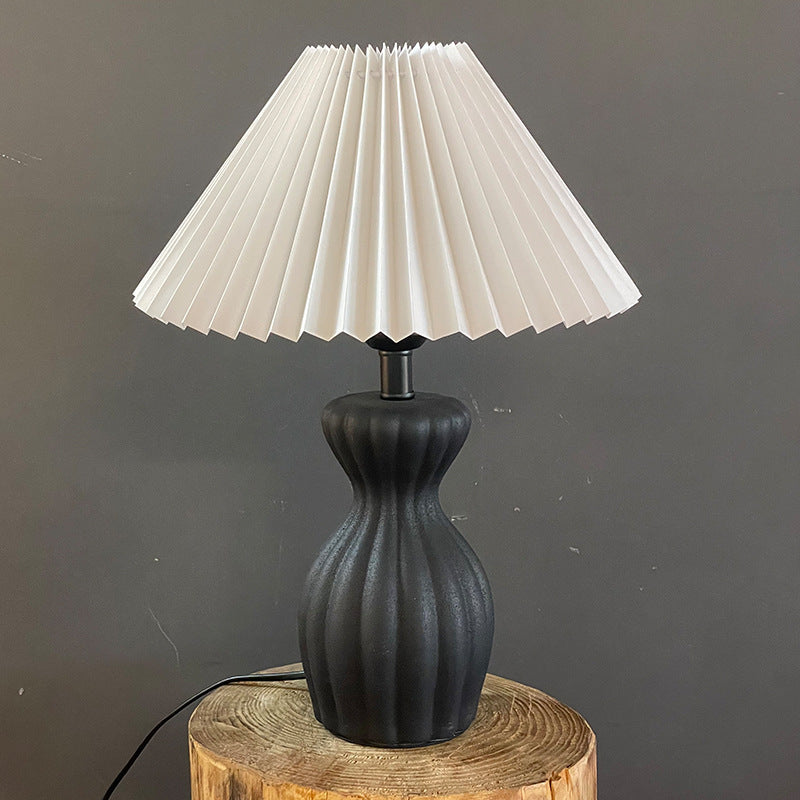 Contemporary Scandinavian Oval Bottle Striped Round Table Pleated Ceramic Fabric 1-Light Table Lamp For Bedroom