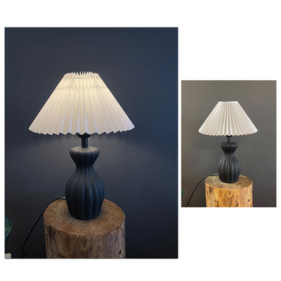 Contemporary Scandinavian Oval Bottle Striped Round Table Pleated Ceramic Fabric 1-Light Table Lamp For Bedroom