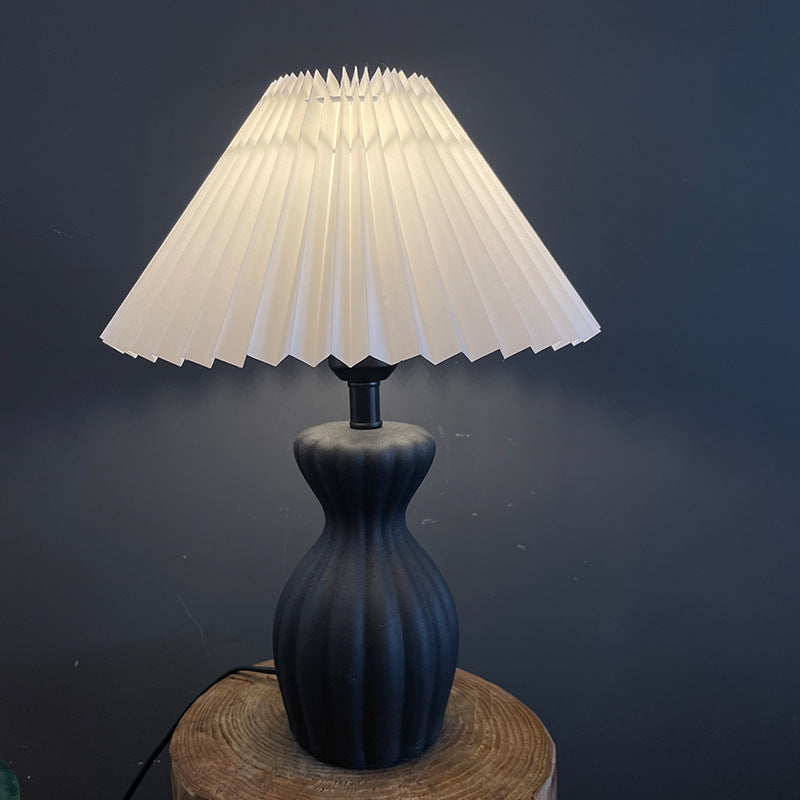 Contemporary Scandinavian Oval Bottle Striped Round Table Pleated Ceramic Fabric 1-Light Table Lamp For Bedroom