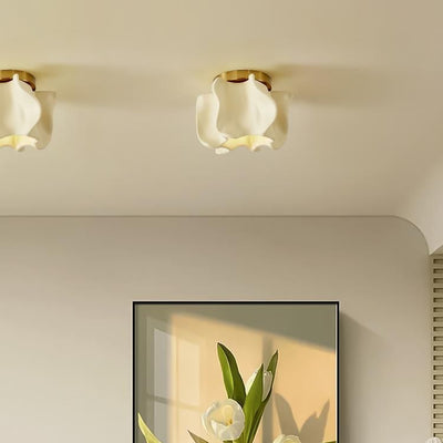 Traditional Japanese Curved Flower Disc Base Resin Metal 1-Light Semi-Flush Mount Ceiling Light For Living Room